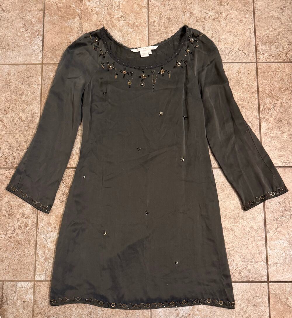 Nougat London Women's 100% Silk Gray Dress w/Gold Embellishments Size 0 RN108961